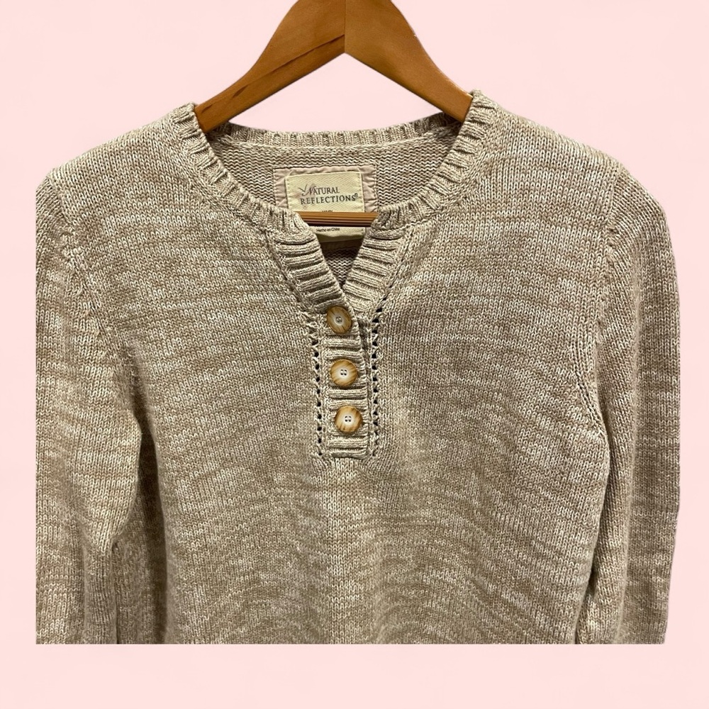 Cute tan camel white marked henley chunky button sweater roll hem